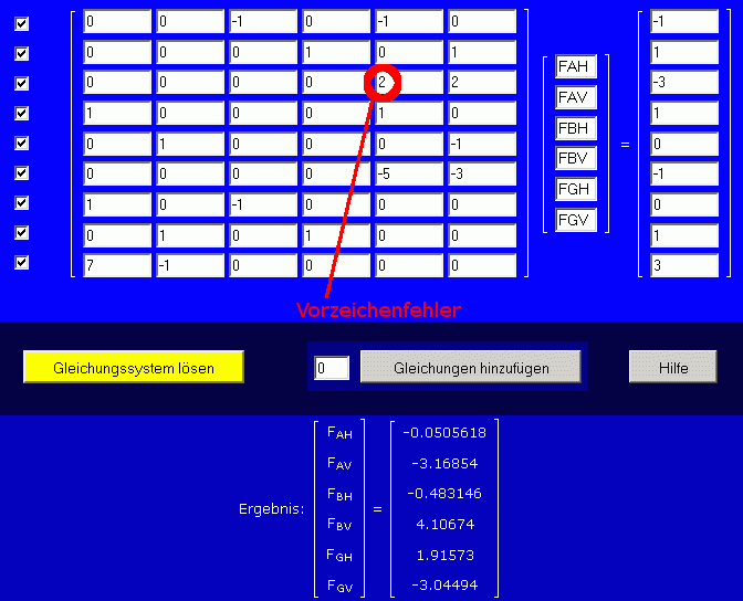 Vorzeichenfehler bei Rechnung mit 9 Gleichungen