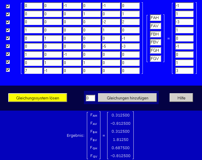 Ergebnis für Rechnung mit 9 Gleichungen
