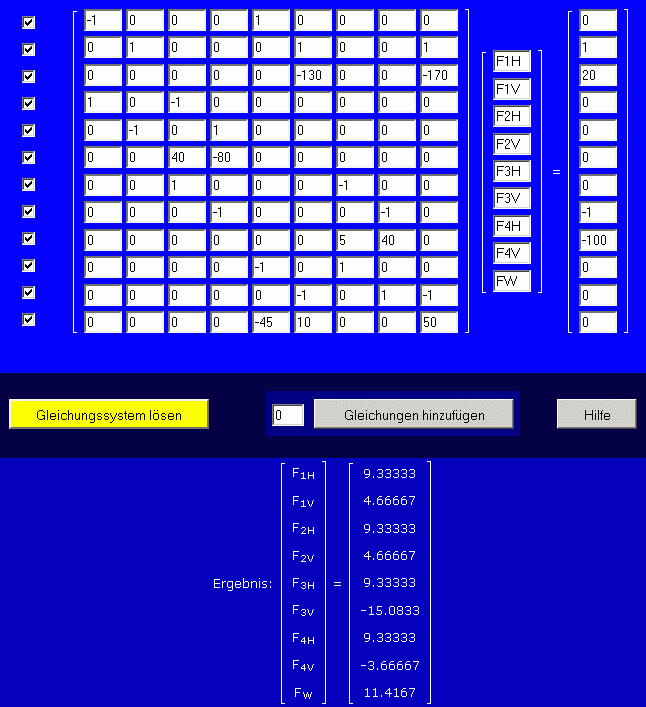 Gleichungssystem und Ergebnis