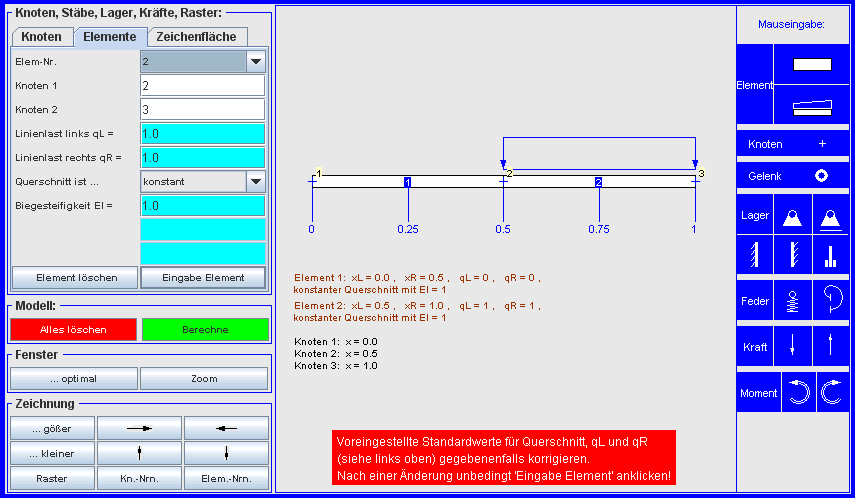 Element mit Standard-Linienlast erzeugt
