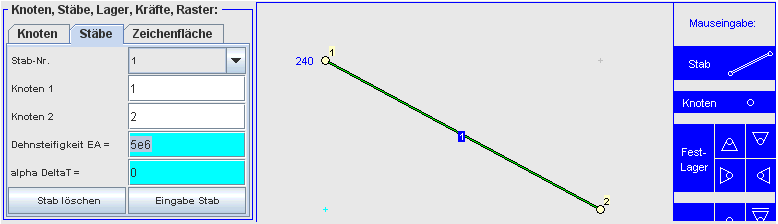 Eingabe der Dehnsteifigkeit für Stab 1