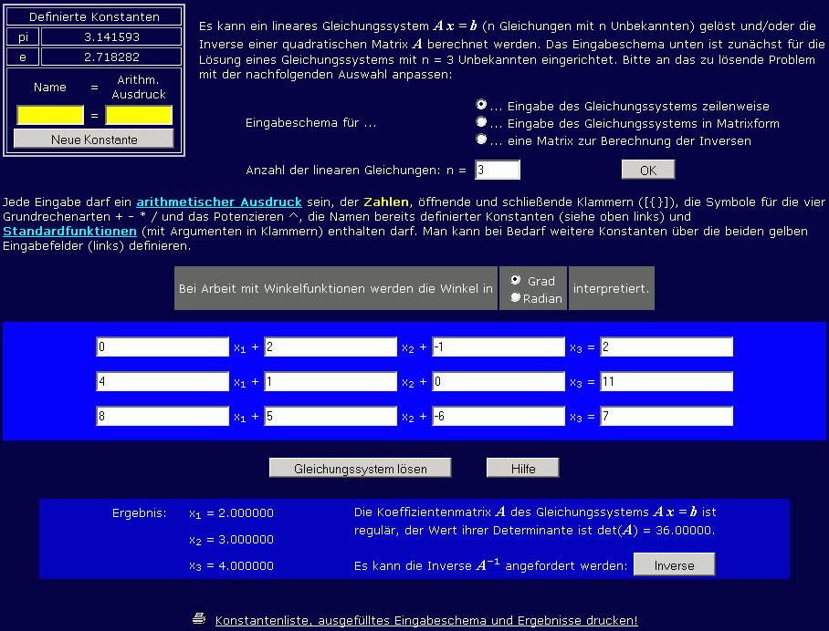 Beispiel 1, Lösung des Gleichungssystems