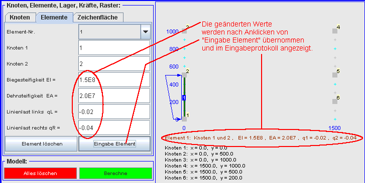 Element wurde mit Biegesteifigkeit, Dehnsteifigkeit und Linienlast definiert