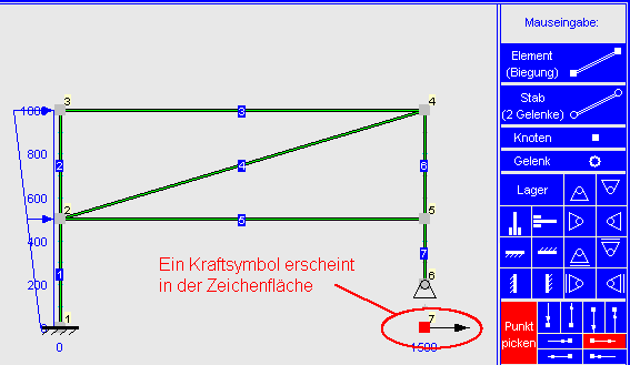 Knoten, Elemente und Lager sind erzeugt, eine Kraft erscheint